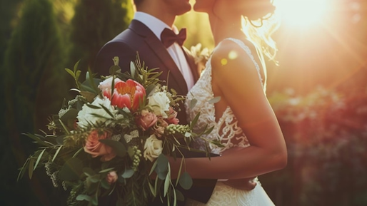 名古屋市結婚式場ビアンカーラヒルサイドテラス。温かな光に包まれて撮影する新郎新婦の姿。