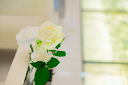 名古屋市結婚式場ビアンカーラヒルサイドテラス結婚式の清楚な雰囲気を引き立てる、みずみずしい白いバラの装花。光が差し込む明るいチャペル内でのクローズアップ。